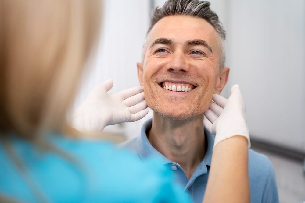 Paciente sonriendo tras el mantenimiento de sus implantes dentales en Implant Centre La Jonquera